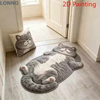 LONNG พรมพื้นที่รูปแมว,ป้องกันการเปรอะเปื้อนทําความสะอาดง่ายพรมตกแต่งบ้าน,ห้องนั่งเล่นพรมการ์ตูนกันลื่นตลก