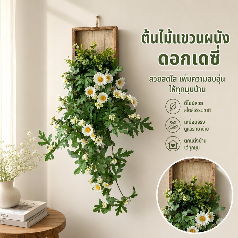 ดอกเดซี่แขวนผนัง ดอกไม้ปลอม ต้นไม้ปลอม แต่งบ้าน สไตล์นอร์ดิก กรอบไม้ ห้องนั่งเล่น คาเฟ่
