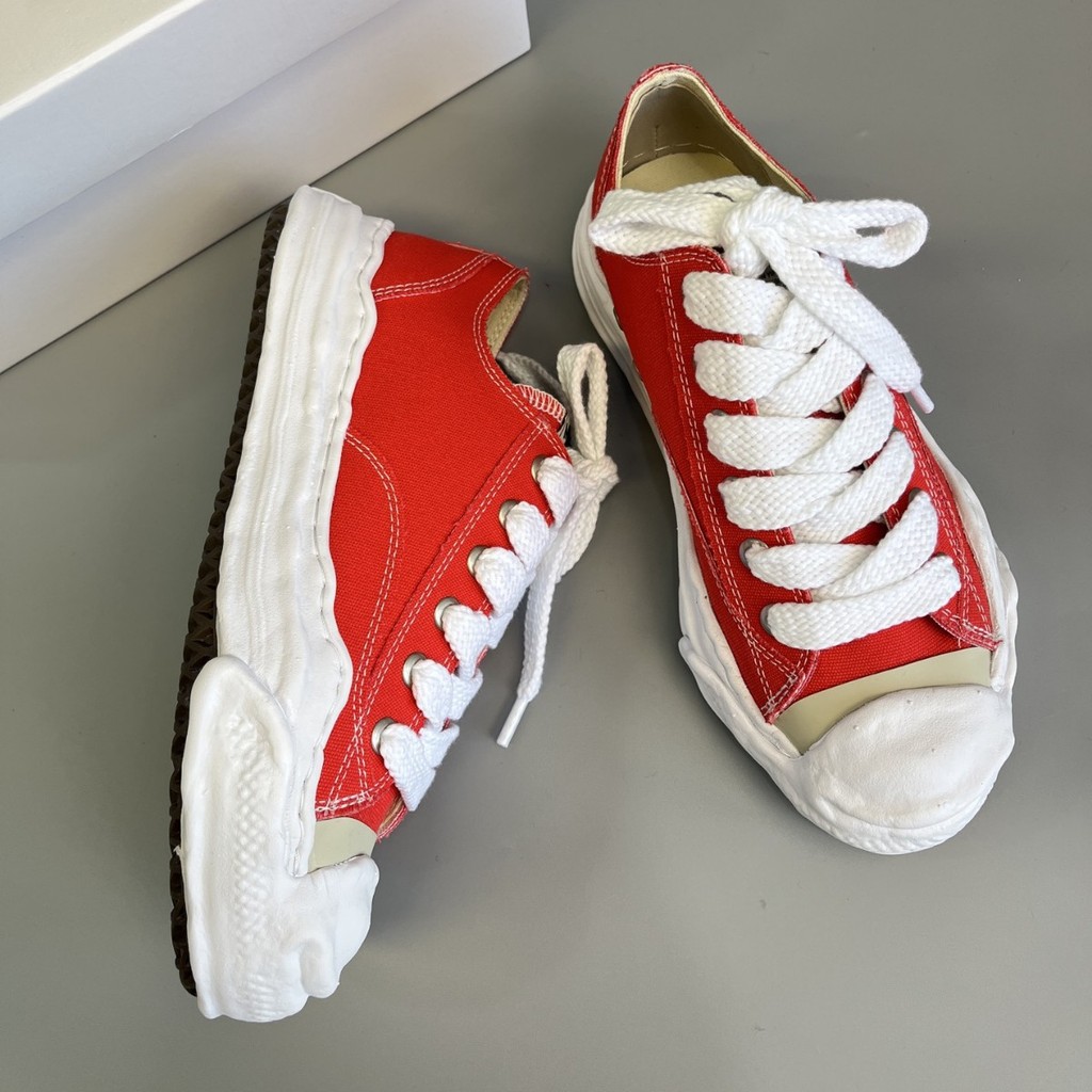 Mihara Kangyu เปิดยิ้มละลายรองเท้า mmy Laced-Up ผ้าใบญี่ปุ่น Frayed รองเท้าผ้าใบหนา Soled
