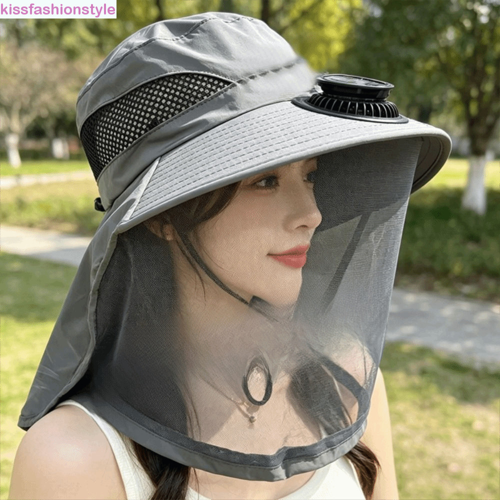 KISSFASHIONSTYLE หมวกมุ้งหัวกันยุง,พร้อมตาข่ายตาข่ายตาข่ายพัดลมพลังงานแสงอาทิตย์แบบพับได้,สะดวกป้องกันรังสียูวีระบายอากาศปรับหมวกกันแดดปีกกว้างกลางแจ้ง