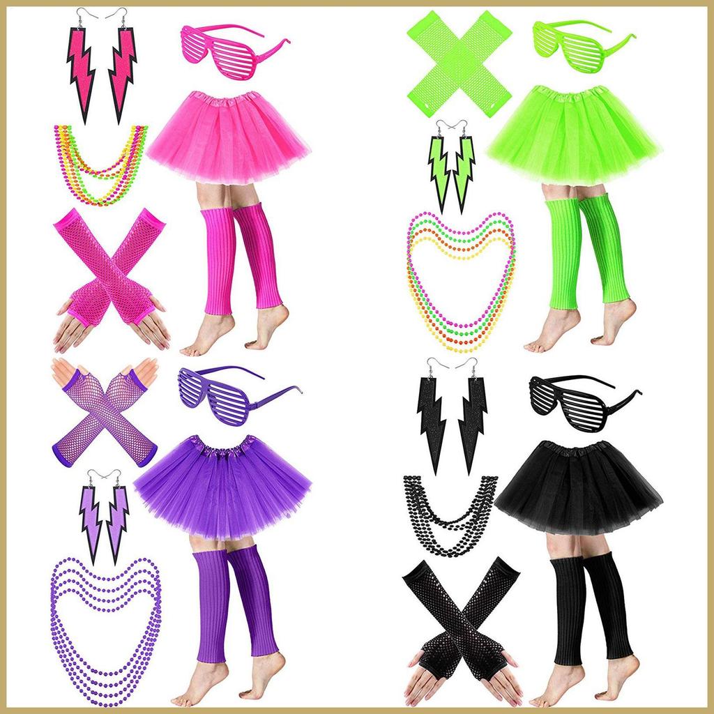 80s Themed ชุด 80s ชุดแฟนซีเครื่องแต่งกายนีออนสร้อยคอผ้าม่านแว่นตาต่างหู Fishnet ถุงมือขาอุ่น oplikm