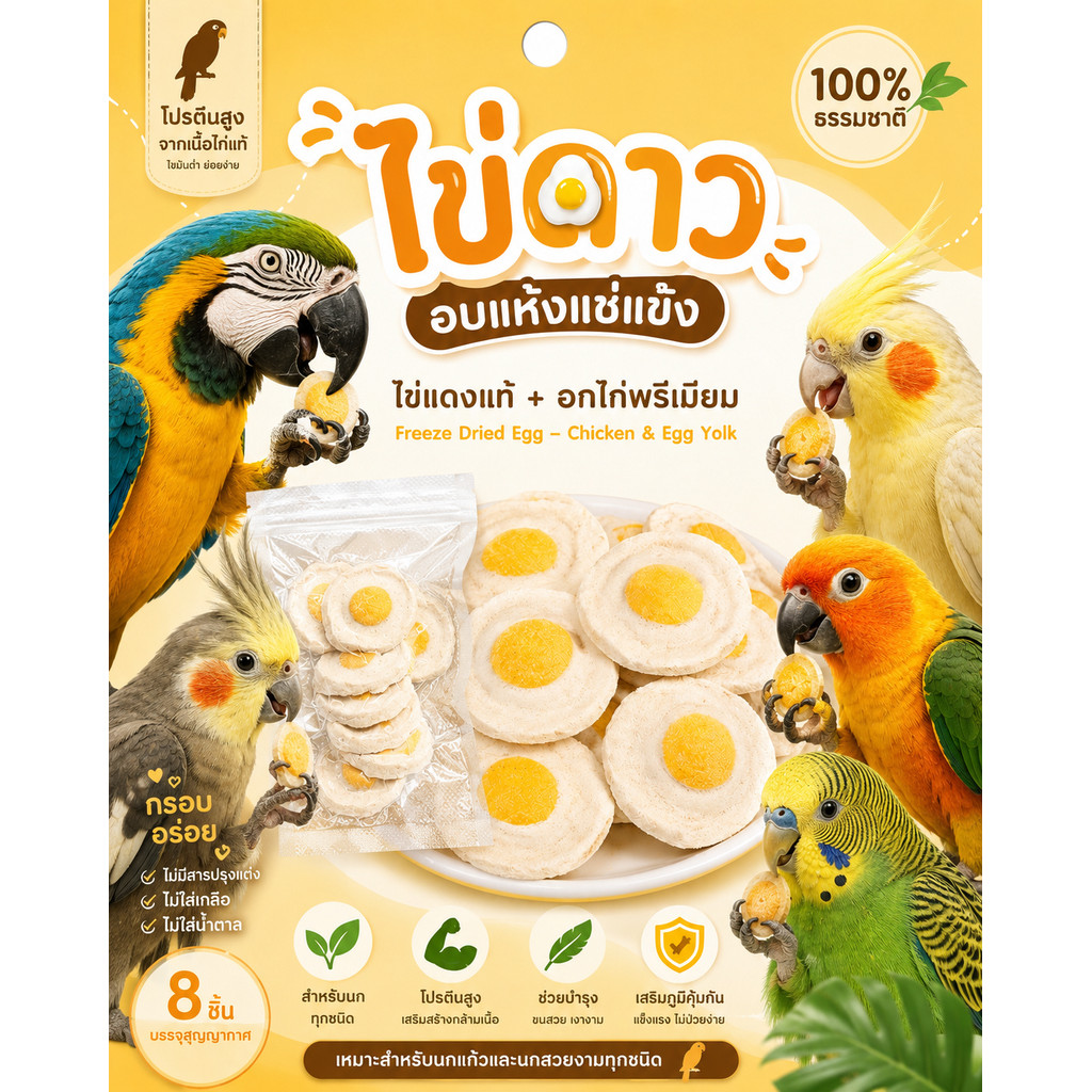 parrot.thailand ขนมไข่ดาวอบแห้ง สัตว์เล็ก & นกแก้ว ขนมฟรีซดรายอกไก่ไข่แดงแท้ 100% โปรตีนสูง บำรุงขน (บรรจุ 8 ชิ้น)