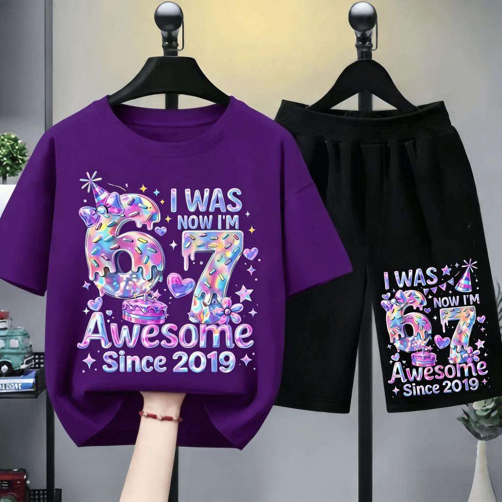 Awesome 67 Birthday Kids 2pcs Set | Holographic Print T-shirt + Shorts | Trendy Outfit |  Thailand V