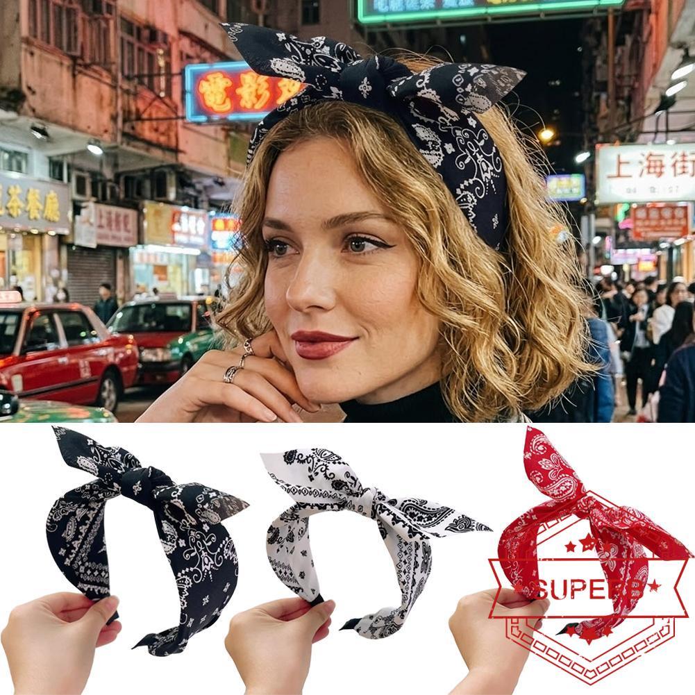 Vintage Paisley ผ้าคาดศีรษะ Bow Knot Hair Band Wear Secure Black Daily Fashion N4E2