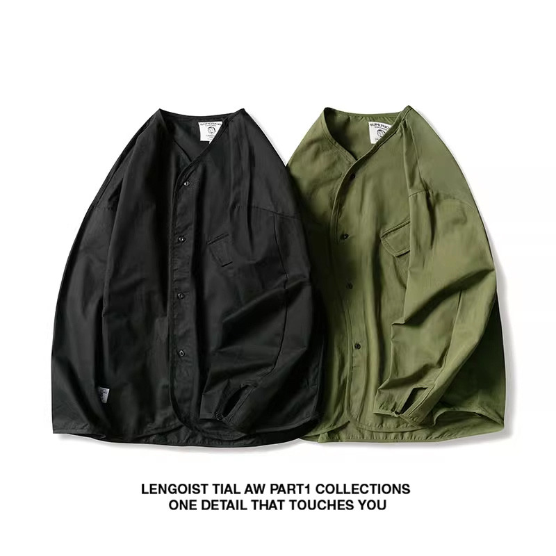LENGOIST สไตล์ญี่ปุ่นผู้ชายผู้หญิงหลวม Collarless Workwear กระเป๋า Casual All-Match เสื้อแจ็คเก็ตเสื