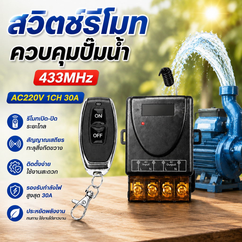 สวิตช์รีโมทควบคุมปั๊มน้ำ 433MHz AC220V 1ช่อง 30A รีโมทเปิดปิดระยะไกล สวิตช์ไร้สายควบคุมปั๊มน้ำ ใช้งานง่าย ติดตั้งสะดวก