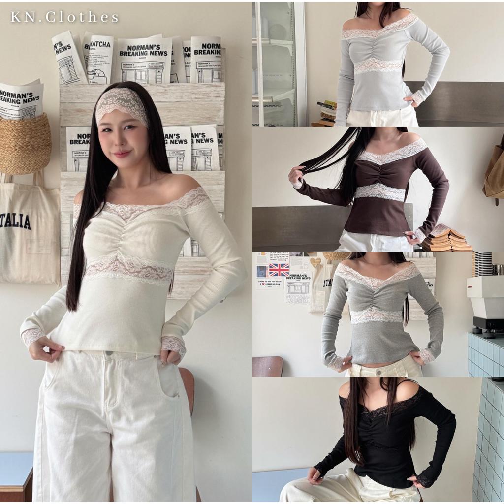 KN.Clothes เสื้อปาดไหล่แขนยาว แต่งลูกไม้ซีทรู เย็บจีบช่วงหน้าอก เนื้อผ้าร่อง Cookeis Bear
