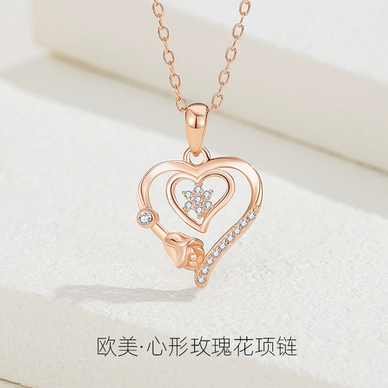 Love Rose สร้อยคอหญิง 925 เงินดอกไม้รูปหัวใจ Clavicle เครื่องประดับหญิง 6RXD
