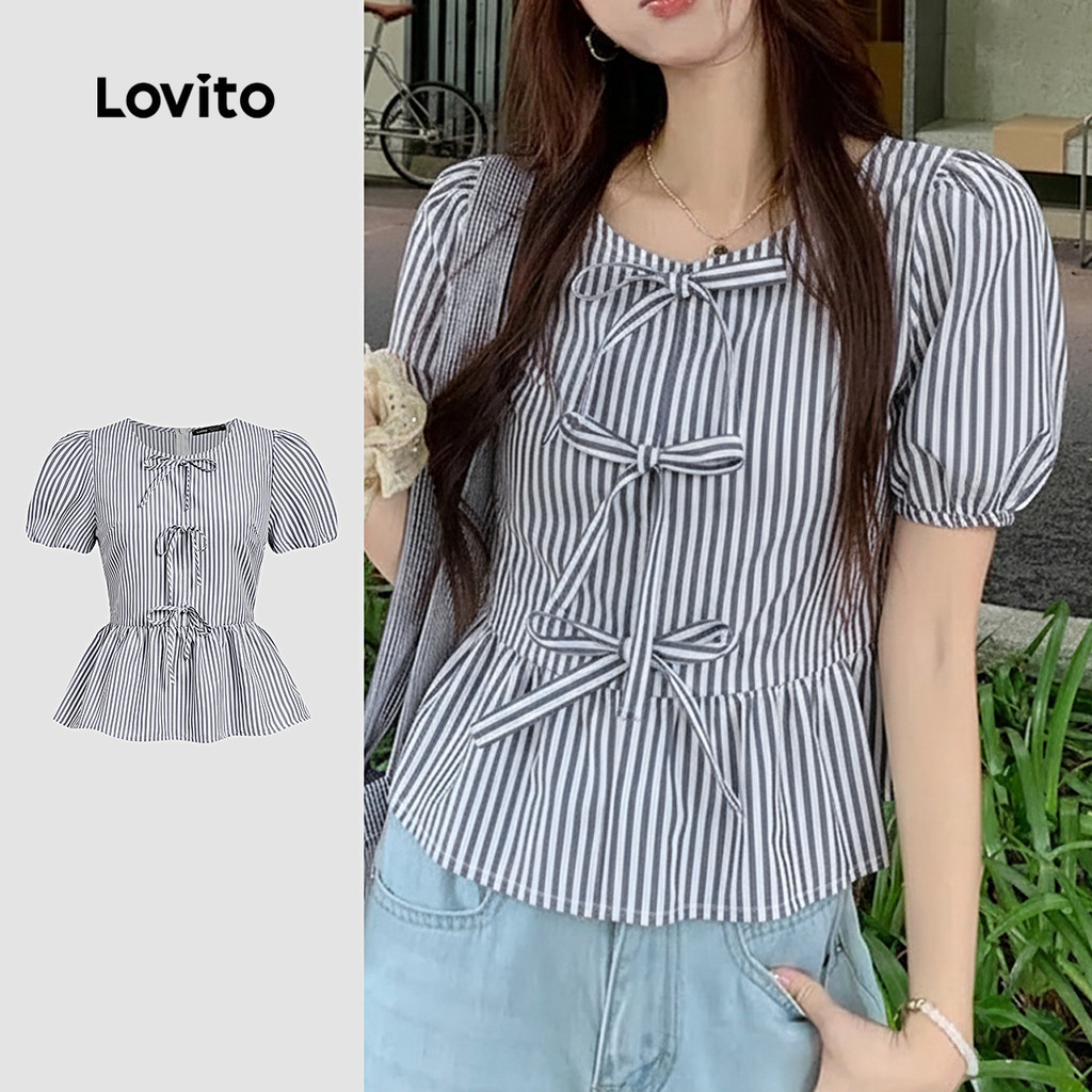 Lovito  เสื้อเบลาส์ลําลอง ชายระบาย ผูกด้านหน้า สีฟ้า ขาว สําหรับผู้หญิง L177ED124