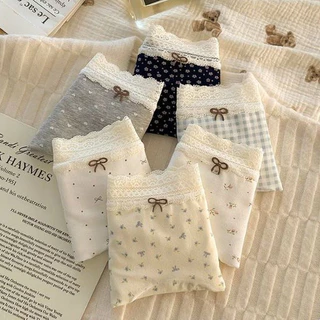 【L-2XL】✨กางเกงในผู้หญิงผ้าฝ้าย ลายดอกไม้จิ๋ว ขอบลูกไม้ เอวกลาง ทรงกางเกงในสี่เหลี่ยม ทรงน่ารัก สไตล์สาวน้อย