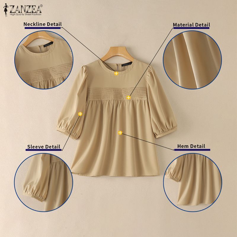 ZANZEA ผู้หญิงเกาหลีอ่อนโยนลูกเรือคอโคมไฟแขน Pleats Splicing สีทึบ A-Line เสื้อ — صورة 7