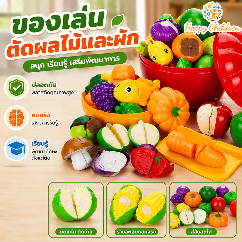 ของเล่นผลไม้ ของเล่นตัดผัก ผลไม้จําลอง 59PCS ลอกเปลือกได้ ตัดได้ เล่นซ้ำได้ อุปกรณ์เสริมมากมาย ของเล่นเด็กในครัว