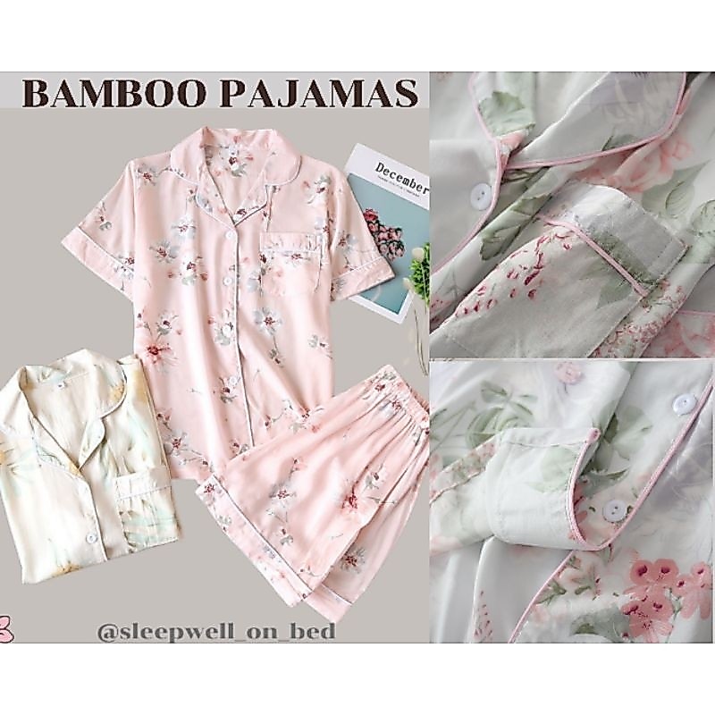(สินค้าพร้อมส่ง)ชุคดนอนผู้หญิงเนื้อผ้าเยื่อไผ่ แขนสั้น-ขาสั้น แขนสั้น-ขายาว ลายดอกไม้สีหวาน