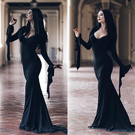 Addams Family Mom Addams สีดําขนาดกลางผมยาวตรงฮาโลวีน cos วิกผมอะนิเมะวิกผมชุด