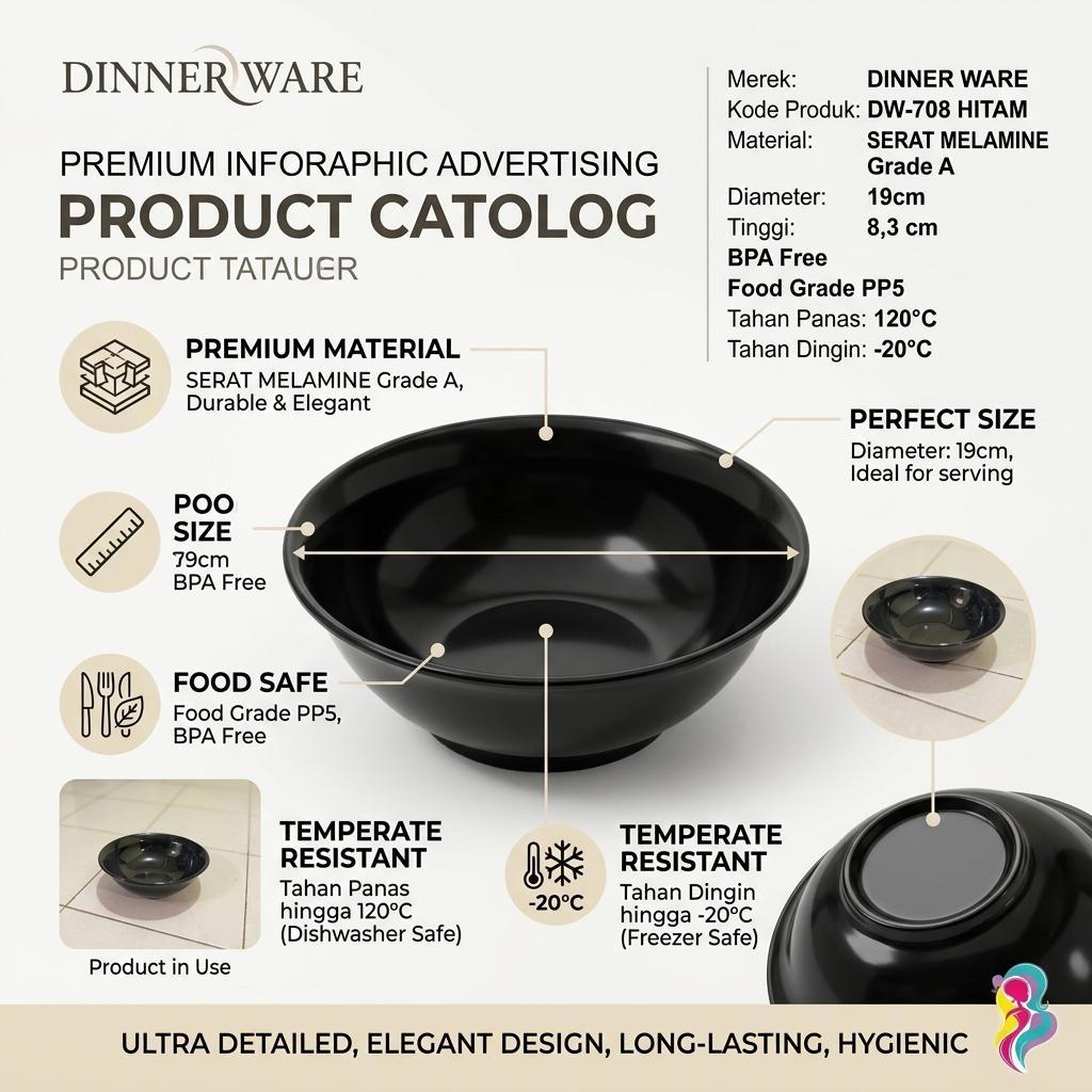 ชามเมลามีนสีดําเคลือบเงา 19cm DW 608 เนื้อไฟเบอร์พรีเมี่ยม YAGO HOUSEWARE