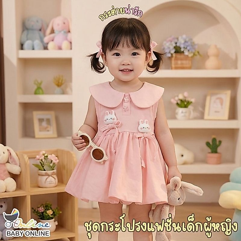 Babyonline(Y047)M1 0F3-R (ส่งด่วน1วัน)ชุดเดรสแขนกุดประโปรงบอลลูนเด็กผู้หญิงแต่งตุ๊กตา ผ้าฝ้าย