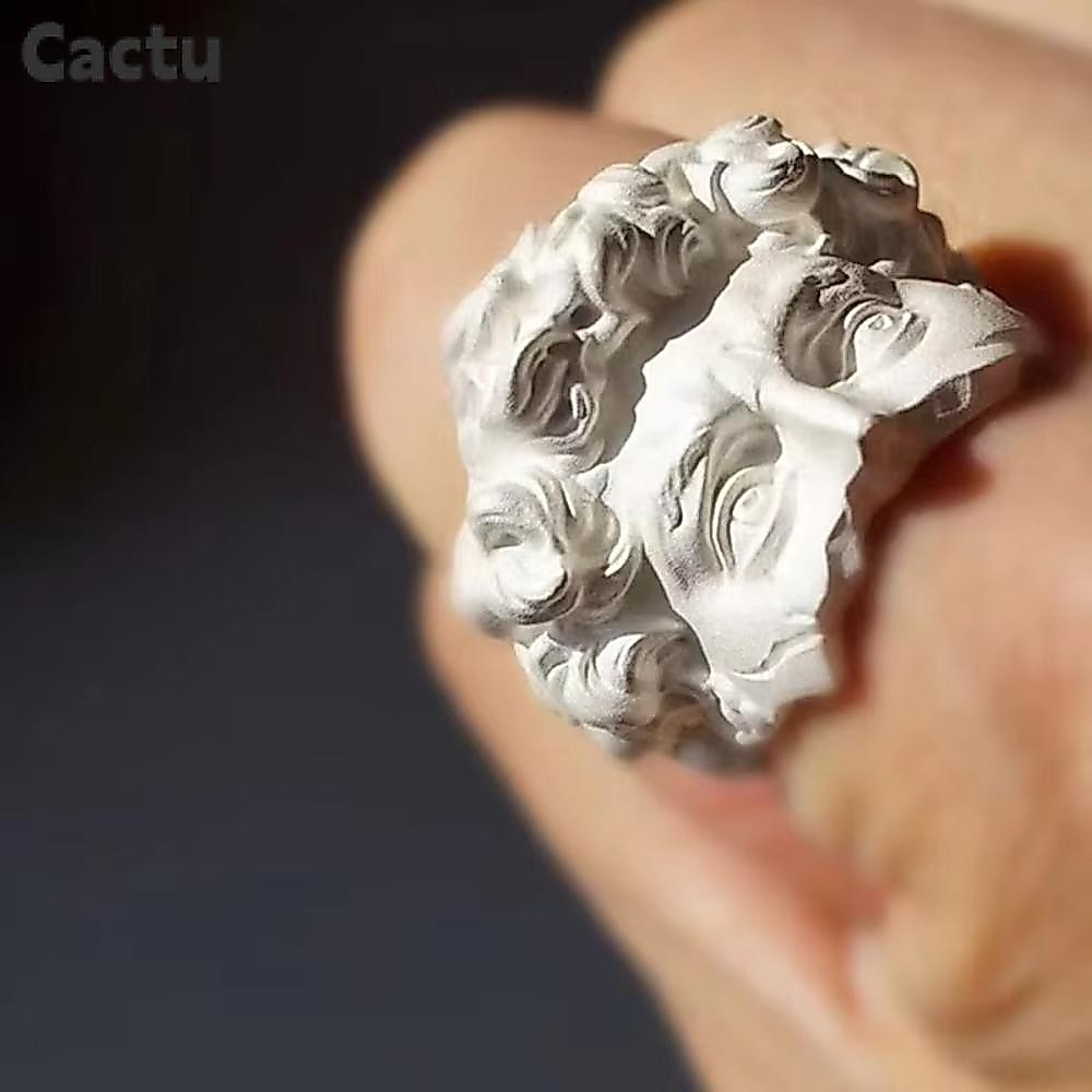 แหวน CACTU, Silver Color Relief Adjustable Opening Masked Ring, Vintage Artistic Finger Rings for Men