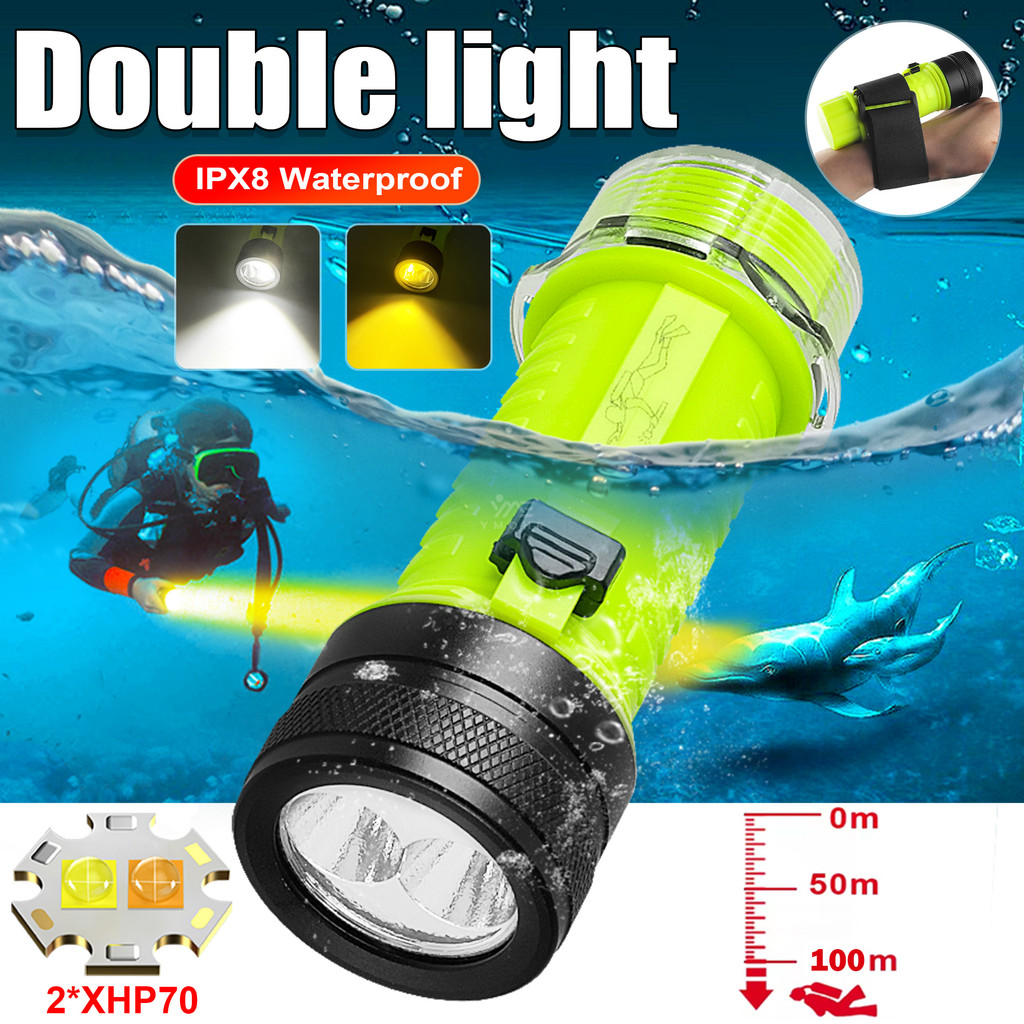 Dual Light XHP70 ไฟฉายดําน้ํา IPX8 กันน้ําไฟฉายดําน้ํามืออาชีพสวิตช์สไลด์โคมไฟดําน้ําแบบชาร์จไฟได้