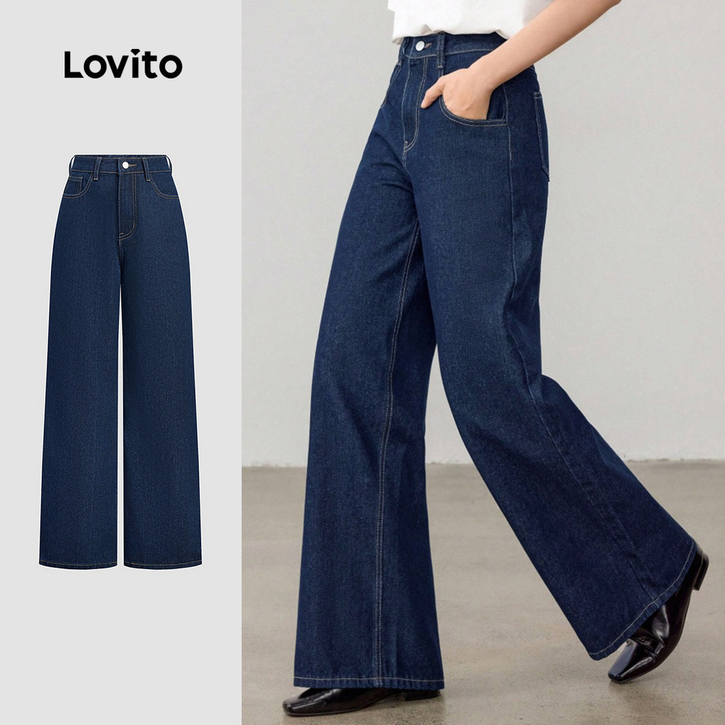 Lovito กางเกงยีนส์ผู้หญิงสีน้ําเงินเข้มคลาสสิกและหลากหลายสําหรับฤดูใบไม้ผลิและฤดูร้อน L165ED1549