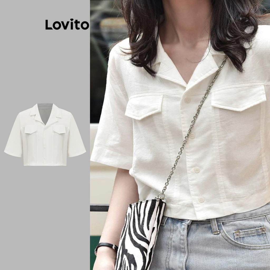 Lovito เสื้อเบลาส์แคชชวลแบบเรียบติดกระดุมกระเป๋าหลอกสำหรับผู้หญิง L82AD020