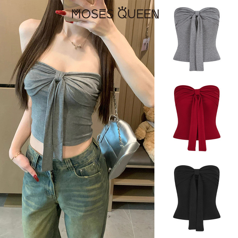 MOSESQUEEN โมเสสควีน เสื้อท่อนบนแบบเข็มขัดสําหรับผู้หญิงในฤดูร้อนกามบริสุทธิ์เซ็กซี่เข้ารูปเข้ารูปชั้นฐานติดตั้งด้านบนสีแดงที่จะสวมทับเสื้อนอก #63823