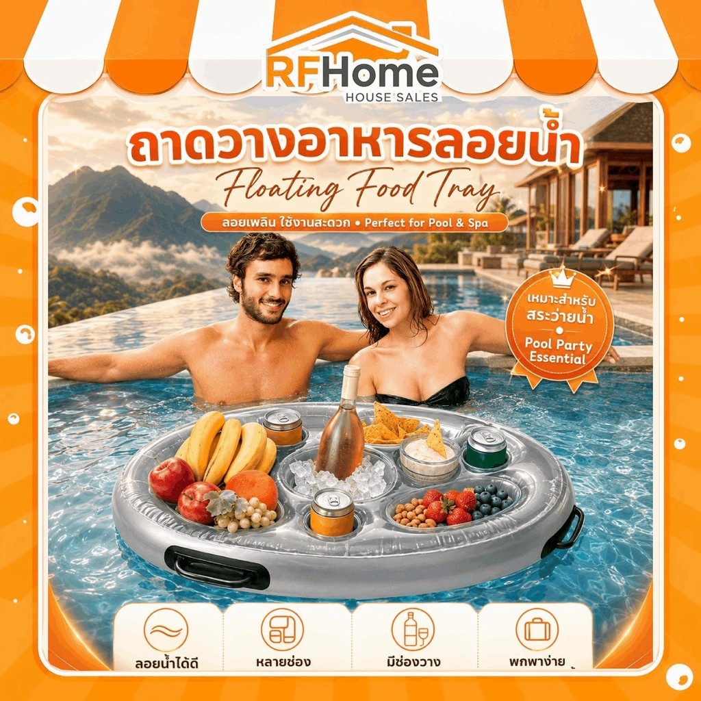 "พร้อมส่ง" ถาดวางเครื่องดื่มและขนมขบเคี้ยวลอยน้ำ แบบเป่าลม อเนกประสงค์