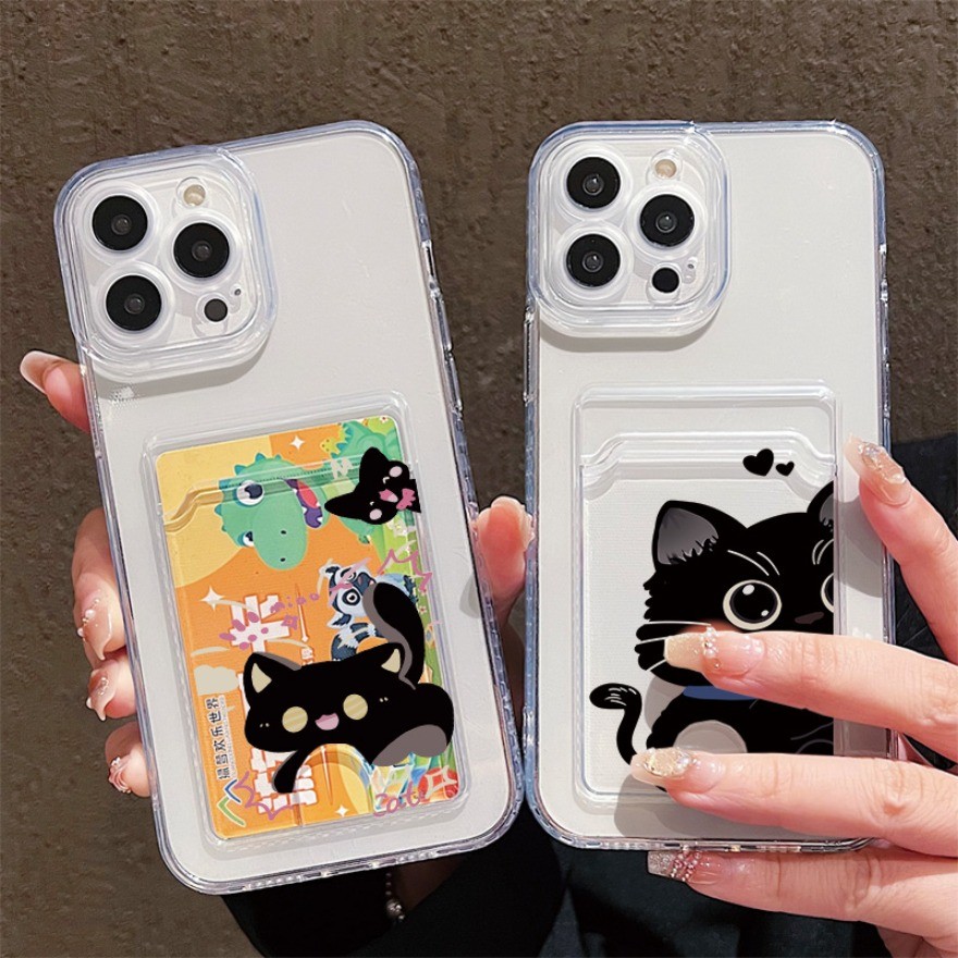 ช่องใส่การ์ดผู้ถือกระเป๋าเคสโทรศัพท์สําหรับVivo Y04 Y29S Y19E Y19 Y29 Y19S Y03 Y18 Y18E Y18S Y28S V50 Lite V40 Lite V40 SE V23 V40 V40 V40 V40 V40 V40 V40 V40 V27 Pro V27 Pro V27eฝาครอบแมวสีดํานุ่ม