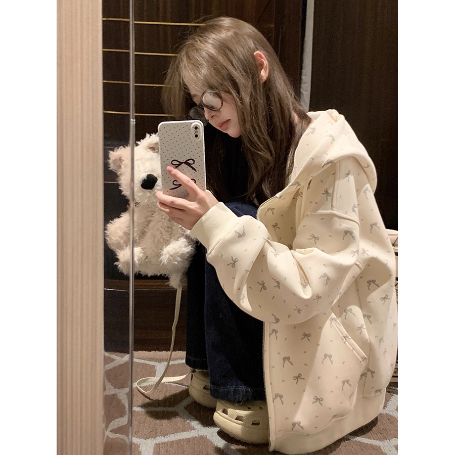 uniqlo official store เสื้อแขนยาวmc เสื้อสเวตเตอร์คาร์ดิแกนมีฮู้ดลายดอกไม้น่ารักโบว์น่ารักสำหรับผู้ห