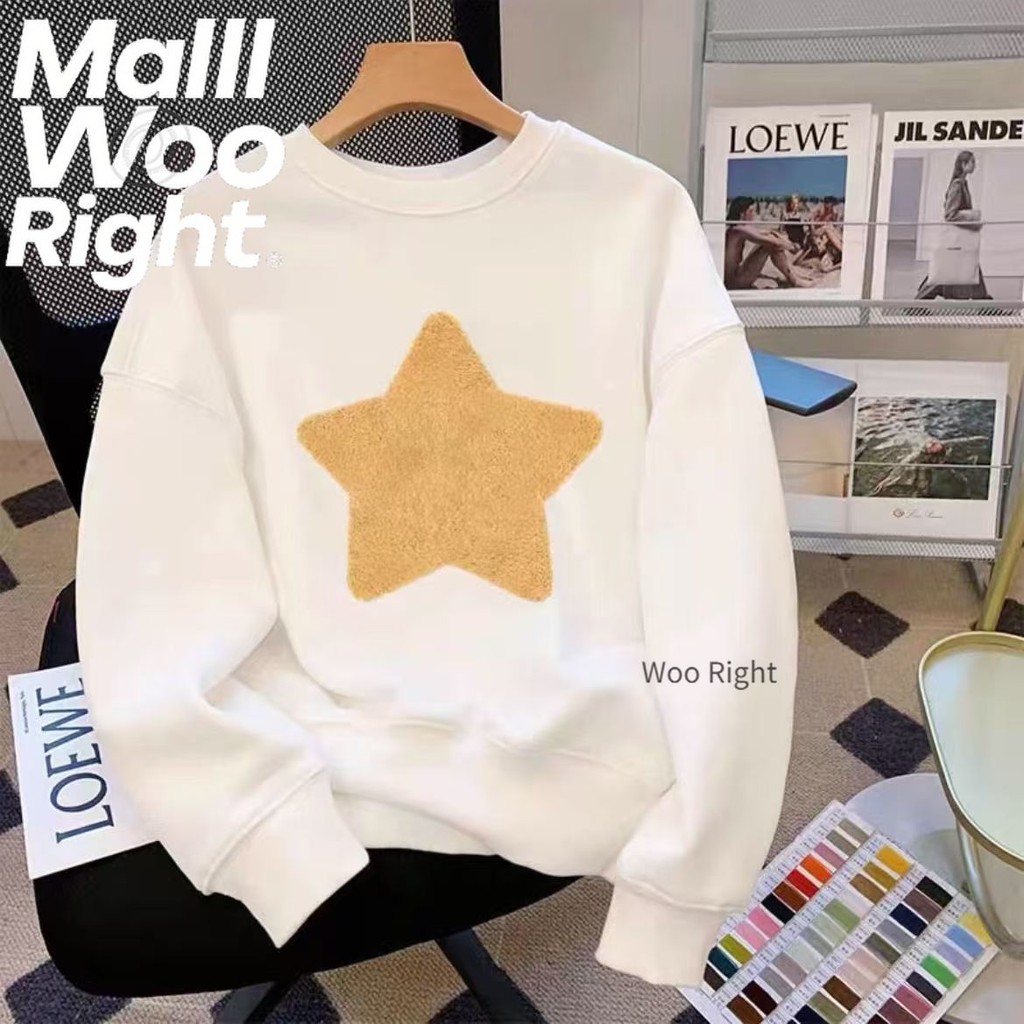 (จัดส่งตลอด 24 ชั่วโมง)Woo Right 2025 สีขาวใหม่เสื้อกันหนาวรอบคอ "Pentacry" พิมพ์เสื้อกันหนาวหลวม ๆ ด้านบน