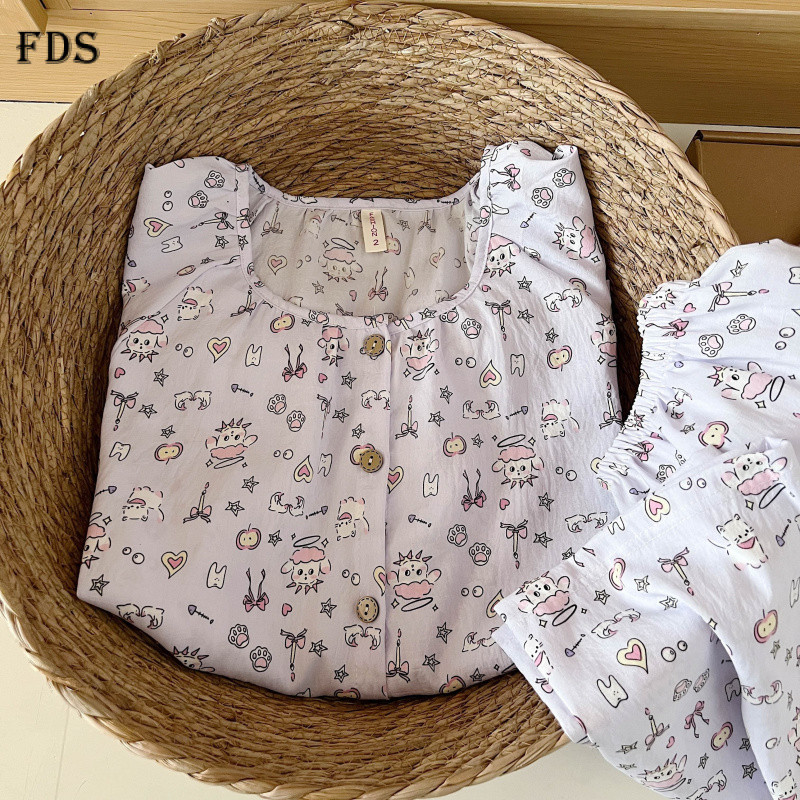 FDS ชุดนอนนุ่มผู้หญิงฤดูใบไม้ผลิฤดูใบไม้ร่วงรอบคอลูกไม้กางเกงแขนยาวการ์ตูน Simple Homewear ชุด PZEH