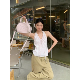 iPink พร้อมส่ง🌷เสื้อสายเดี่ยวคล้องคอผ้าลายลินิน คอวี ผูกโบว์หลังเสื้อคอรอปทรงเข้ารูป ลําลอง สําหรับผู้หญิงใส่แล้วหุ่นสว