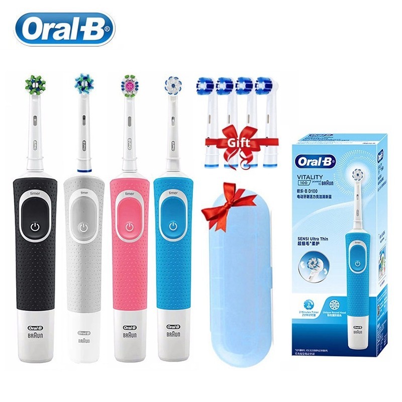 แปรงสีฟันไฟฟ้า Oral B D100 Vitality 2D ซ้าย-ขวา 7,600RPM เครื่องชาร์จแบบเหนี่ยวนําการหมุนกันน้ําเต็มรูปแบบ