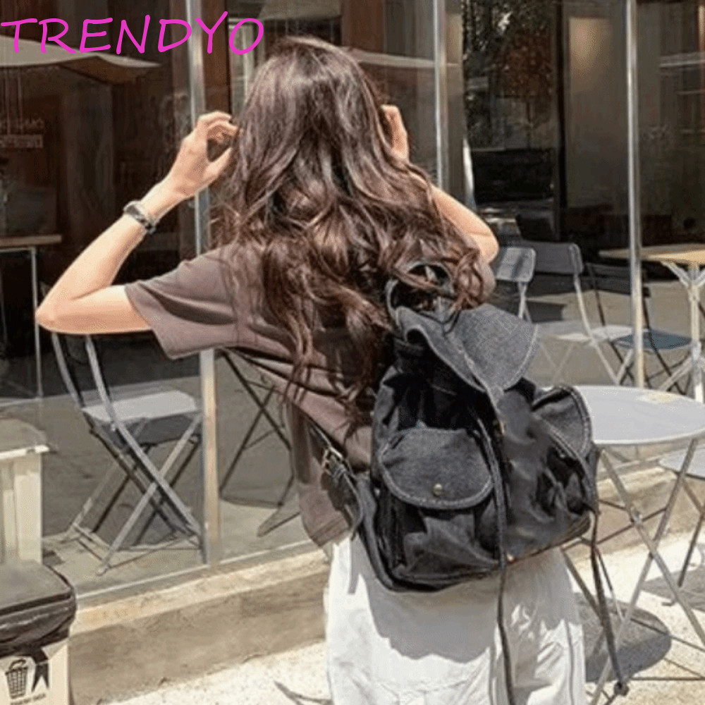 TRENDYO กระเป๋าเป้สะพายหลัง Retro Wash Denim กระเป๋าเป้สะพายหลังความจุขนาดใหญ่นักเรียนแฟชั่นกระเป๋าเป้สะพายหลัง Niche Design กระเป๋าผ้าใบ