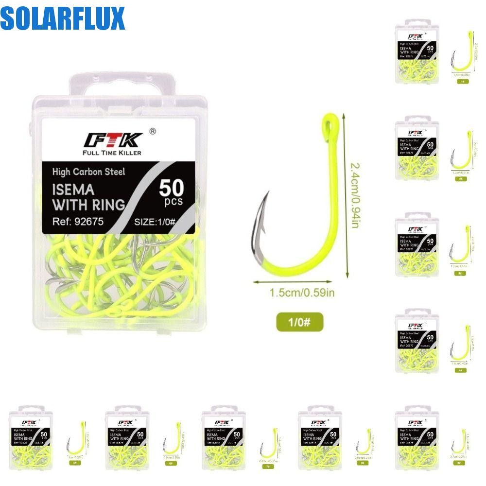 SOLARFLUX ตะขอตกปลา 50 ชิ้นต่อกล่อง ทำจากเหล็กคาร์บอนต้านสนิม ออกแบบให้มีแสงสว่างใต้น้ำ เพอร์เฟคสำหรับตกปลาทะเล