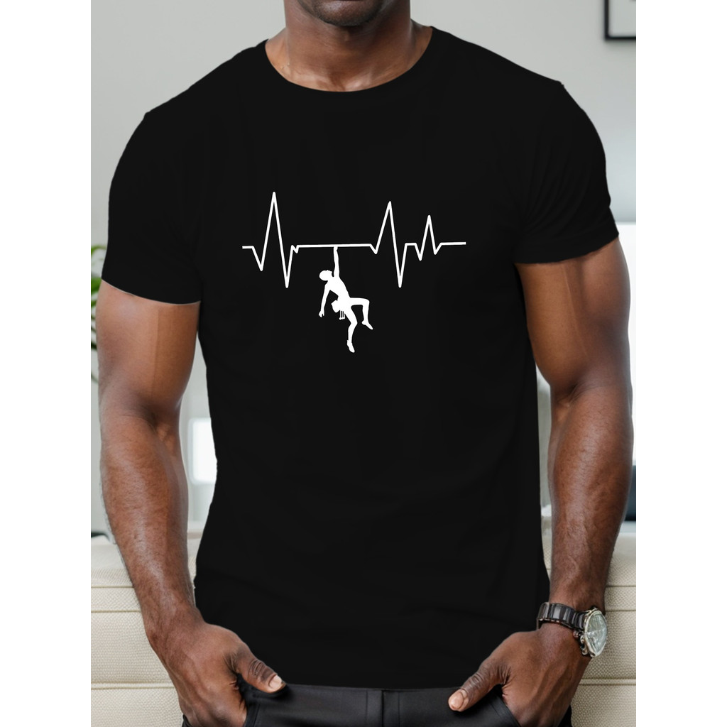 เสื้อยืดคอกลมลําลองผู้ชาย 1 ชิ้น - EKG Hiking Motif, Summer Regular Fit Short Sleeve Top, เหมาะสําหร