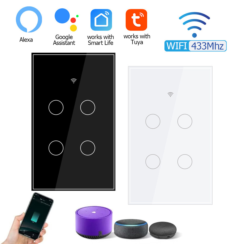 สวิตช์ไฟอัจฉริยะ Tuya WIFI แบบสายเดี่ยว สายกลาง สากล 4 ทาง มาตรฐานสหรัฐฯ สีขาว สีดำ สวิตช์ไฟอัจฉริยะ