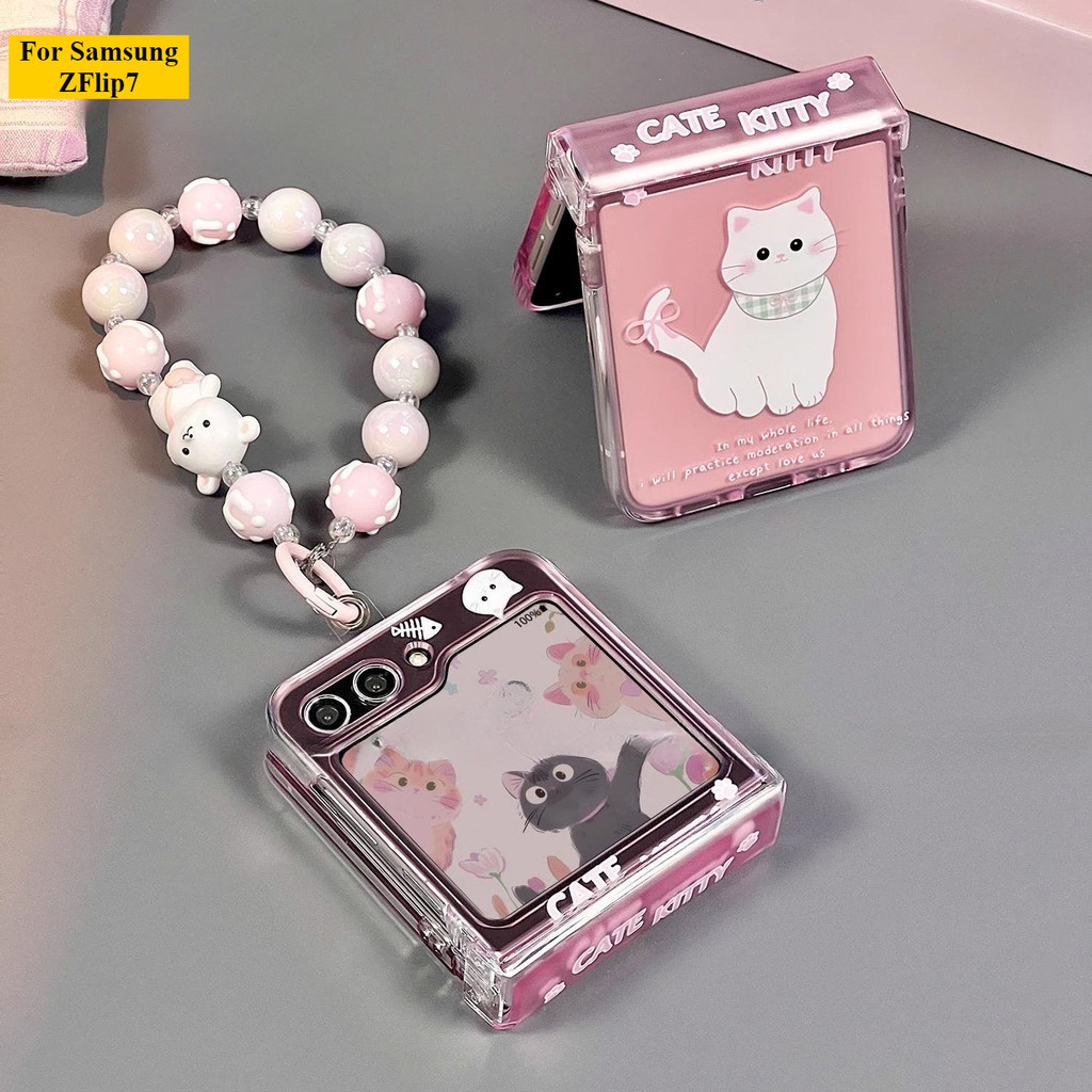 ใหม่สีชมพูการ์ตูนน่ารักแมวสีขาวเหมาะสําหรับ Samsung Galaxy Zflip7 เคสโทรศัพท์ Lanyard เปลือกพับสําหรับ ZFlip 6 5 4 3 5G N3Flip MixFlip 2 ฝาครอบป้องกันแบบแข็ง