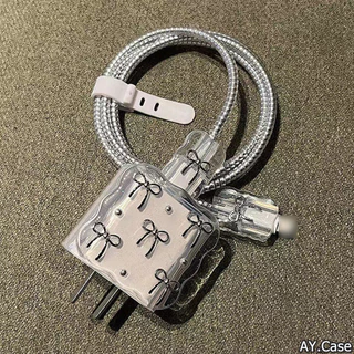 🚚COD🚚น่ารัก 3D Clear Bowknot ใหม่อีพ็อกซี่สาย USB Protector สําหรับ iPhone 18W/20W ข้อมูลสายกัดหัวสายไฟ Fast ชาร์จกรณี