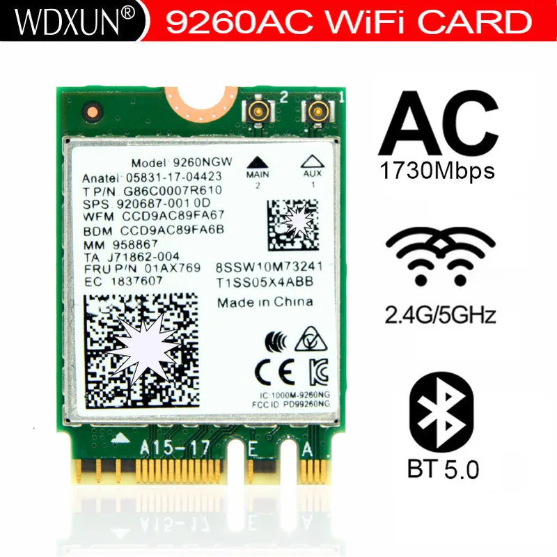 WDXUN Dual Band Wireless-AC 9260 9260ac 9260NGW NGFF 802.11ac MU-MIMO 1730Mbps 1.73Gbps WiFi + Bluet