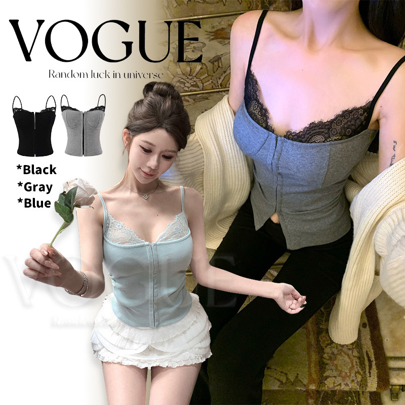 Vogue🌟พร้อมส่ง🌟เสื้อสายเดี่ยวแต่งลูปไม้ สีพื้นทรงรัดรูป สาวเซ็กซี่ (FY9656)
