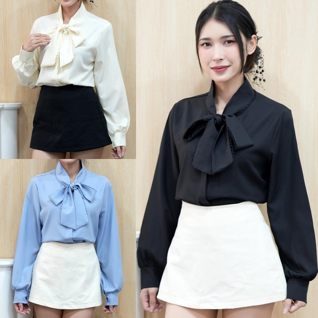 เสื้อเชิ้ตแขนยาว รุ่นติดกระดุมซ่อน แนวเกาหลี เนื้อผ้าคอตตอนลื่นๆ ใส่สบาย ระบายอากาศ ดีเทลแต่งสายผูกคอโบว์