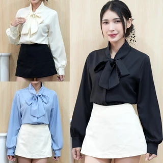 เสื้อเชิ้ตแขนยาว รุ่นติดกระดุมซ่อน แนวเกาหลี เนื้อผ้าคอตตอนลื่นๆ ใส่สบาย ระบายอากาศ ดีเทลแต่งสายผูกคอโบว์