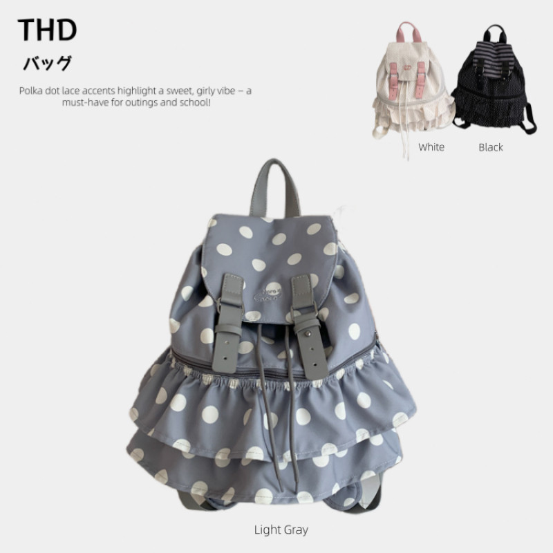 【THD】กระเป๋าเป้แฟชั่นลายจุด รุ่นใหม่ ขอบระบายสุดน่ารัก พกพาสะดวก เหมาะสำหรับไปเรียนหรือท่องเที่ยว!