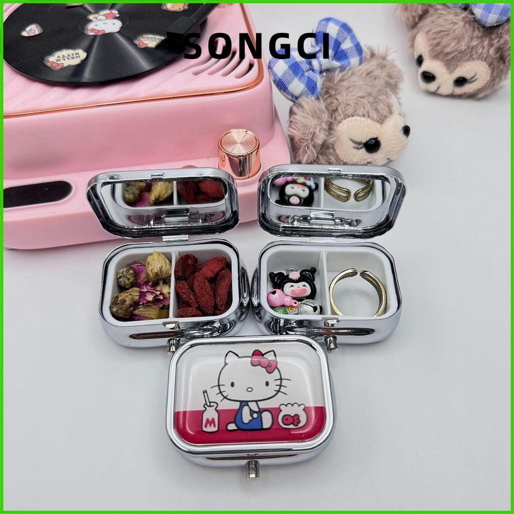 Songci กล่องสี่เหลี่ยมโลหะ, Sanrio พร้อมกล่องยากระจก HD, แบบพกพา Multi-function Hello Kitty เครื่องประดับอุปกรณ์เสริมยา Travel