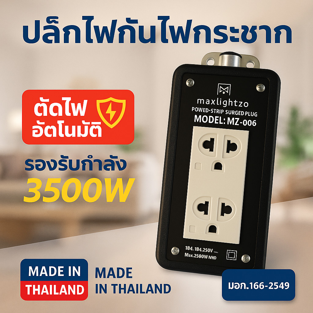 บล็อกยางสำเร็จรูป Maxlightzo รุ่น MZ-006 พร้อมเมนเบรกเกอร์นิรภัย | เต้าเสียบไฟ 2 ช่อง มีมอก. | รับกำ