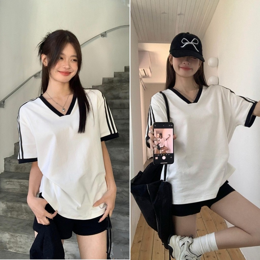 Hotgirl พร้อมส่ง เสื้อยืดแฟชั้นผู้หญิง เสื้อยืดขาวแขนสั้น คอวี ดีไซน์การประกบ สไตล์เกาหลี – โปรปัง