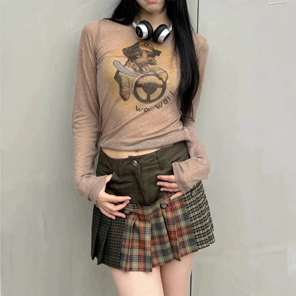 [SR-STUDIO] OPEN YY Puppy เสื้อยืดแขนยาวผู้หญิง ลายพิมพ์รอบคอดีไซน์โปร่งใส ทำจากผ้าฝ้ายบาง สไตล์เหมาะสำหรับฤดูใบไม้ร่วง