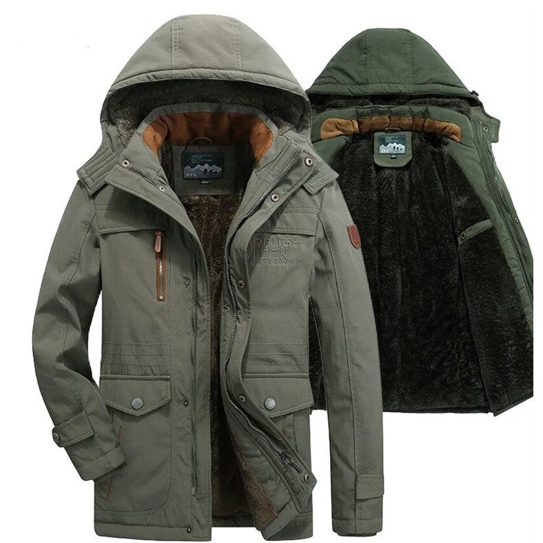 Men Winter Jacket Thick Fleece Lining Multi Pockets Business Casual Cotton Parkas Coat Snow Outwear 