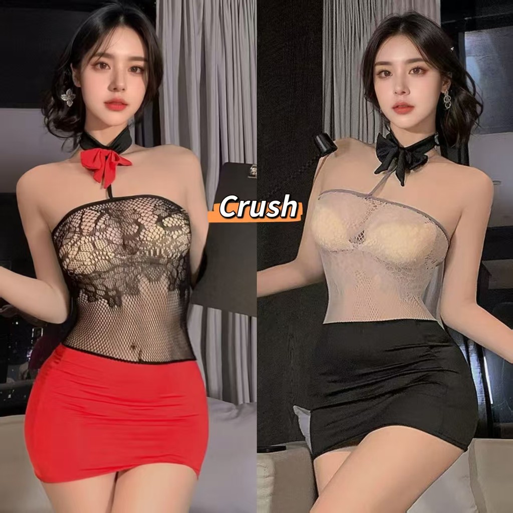 Crush💘ชุดเดรสรัดรูป สไตล์เลขา ซีทรูลูกไม้ สายคล้องคอแต่งโบว์ 🛒พร้อมส่งจากไทย (ฺLT-6007)