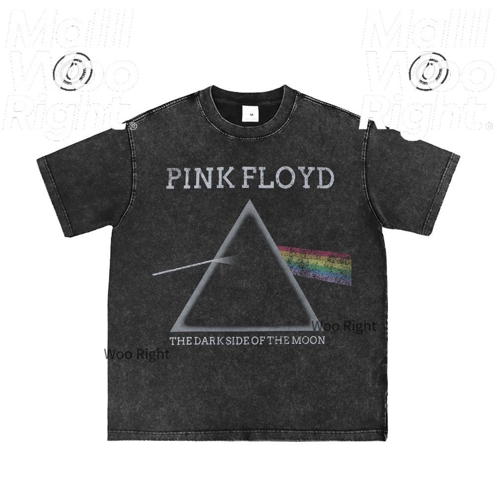 (จัดส่งตลอด 24 ชั่วโมง)Woo Right ฤดูร้อนล้างเสื้อยืดผ้าฝ้ายคอกลม Pink Floyd พิมพ์แขนสั้นหลวมด้านบนเก่า